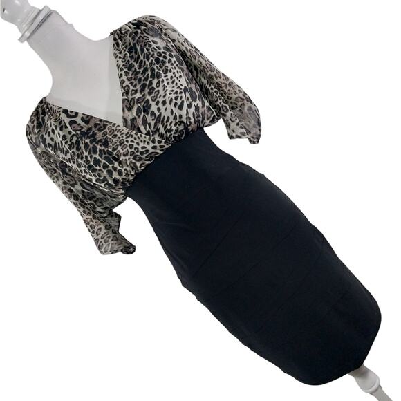 BISOU BISOU! GORGEOUS LEOPARD SPOTTED CHIFFON OVER BLACK STRETCH DRESS! SZ 4 - Picture 1 of 10